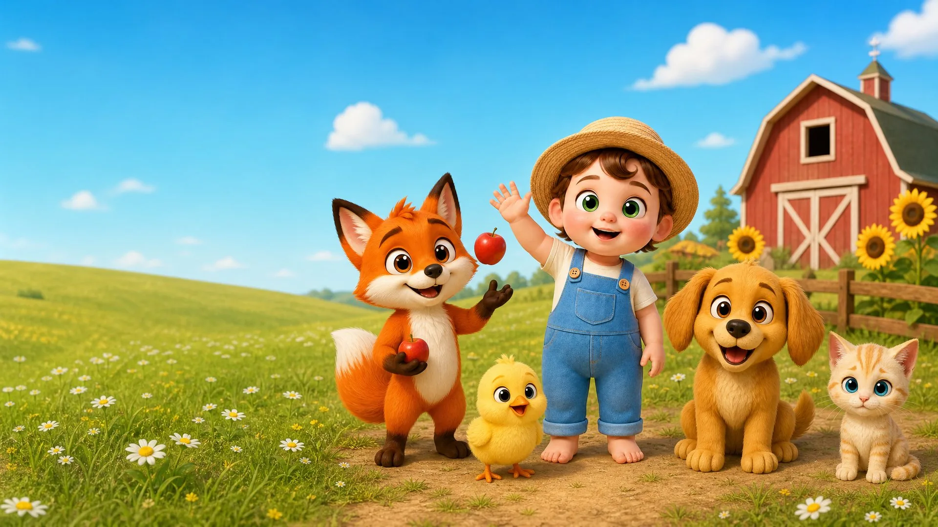 Tibino, der kleine Bauer, winkt — mit Foxy dem Fuchs, Pip dem Küken, Storm dem Welpen und Milo dem Kätzchen auf dem sonnigen Bauernhof