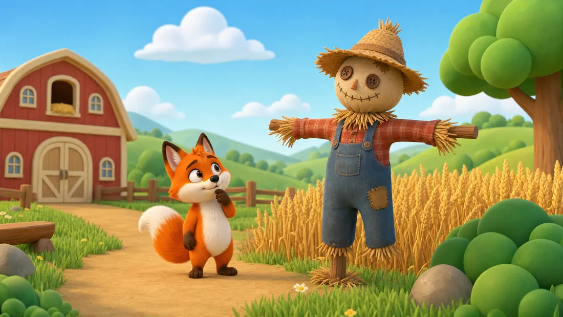 Foxy studies a friendly scarecrow with slightly uneven stitched features