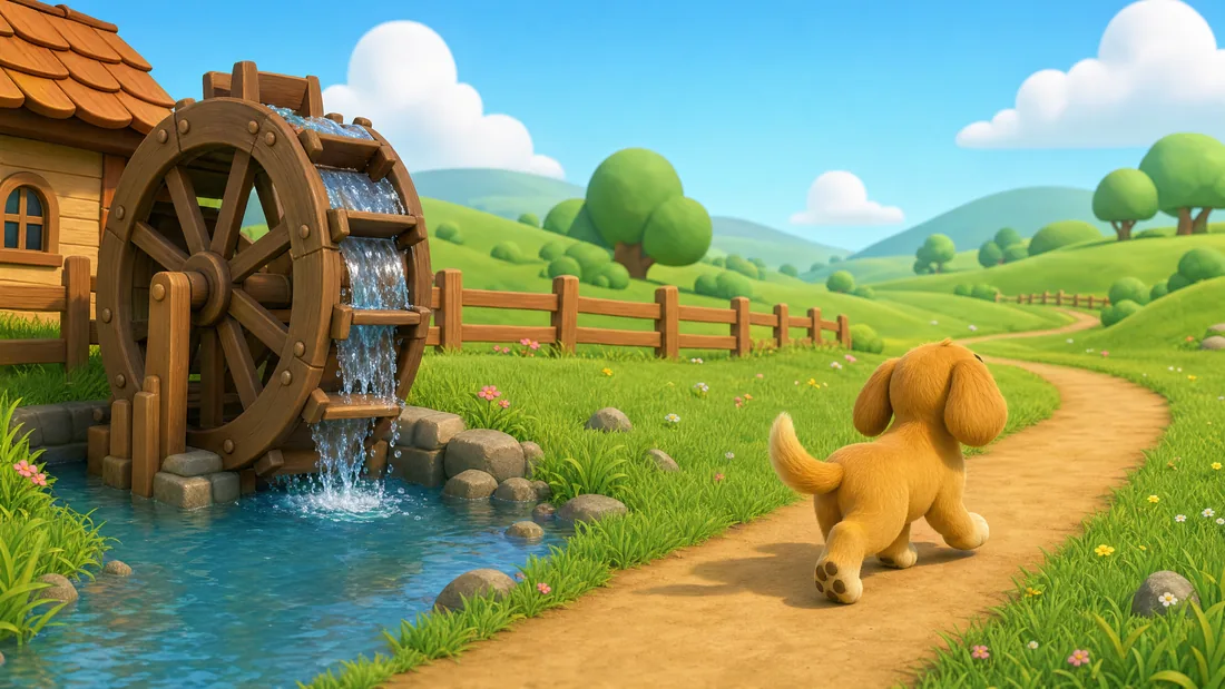 Storm turns away from an endlessly turning water wheel and trots off up the path