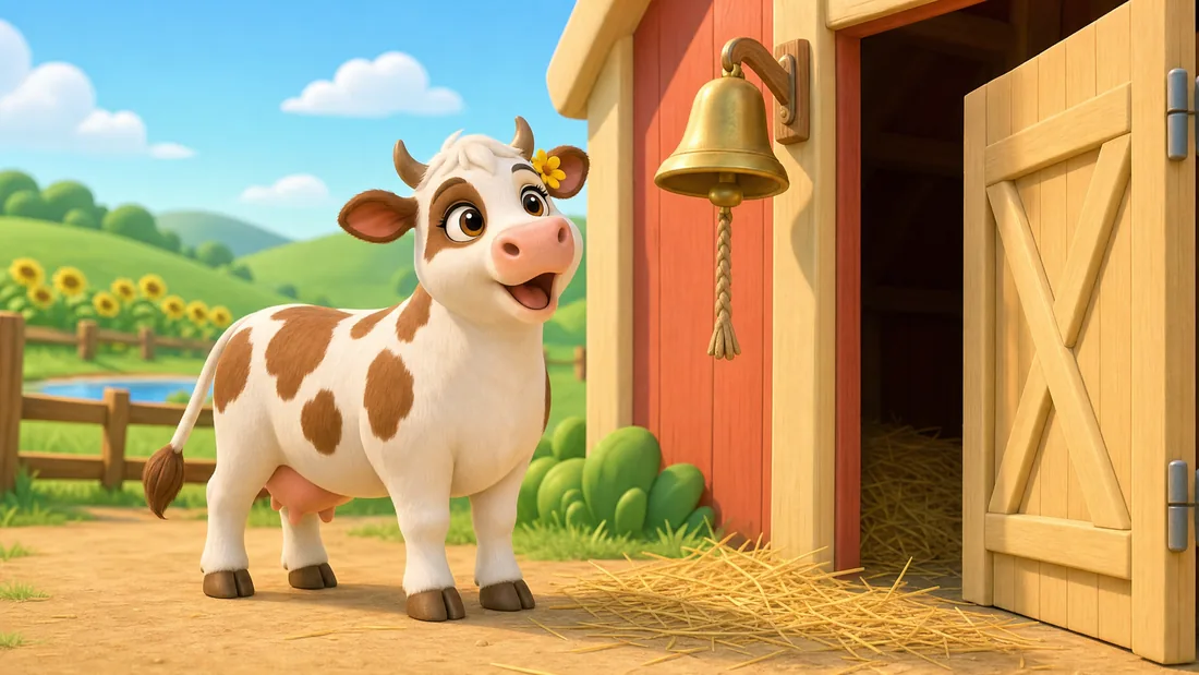 Daisy stands under the brass bell by the open barn door, mooing