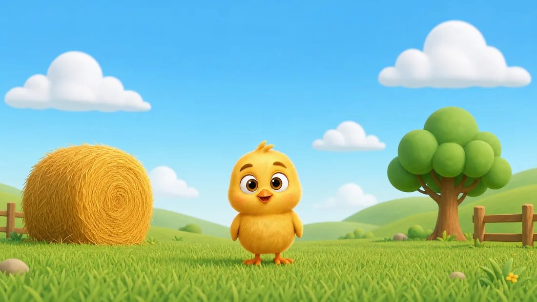 Pip alone in a very simple scene: one haystack, one tree, a large calm sky