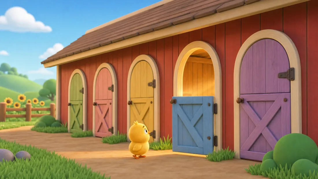 Pip looks up at a row of stable doors, one of them open and lit from inside