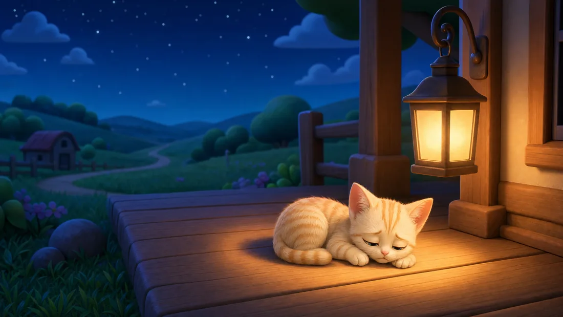 Milo lies curled up asleep in the pool of light under a porch lantern at night