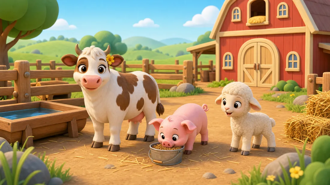 Daisy, Rosie and Woolly together in the farmyard by the trough and feed bucket