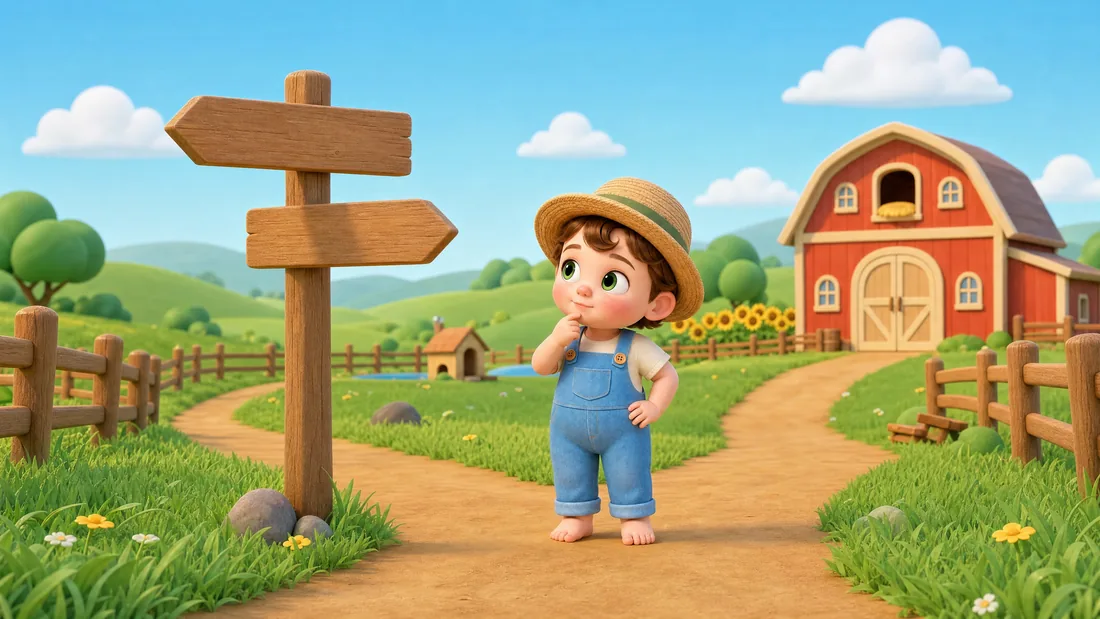 Tibino stands at a fork in the farm track, weighing up which of two paths to take