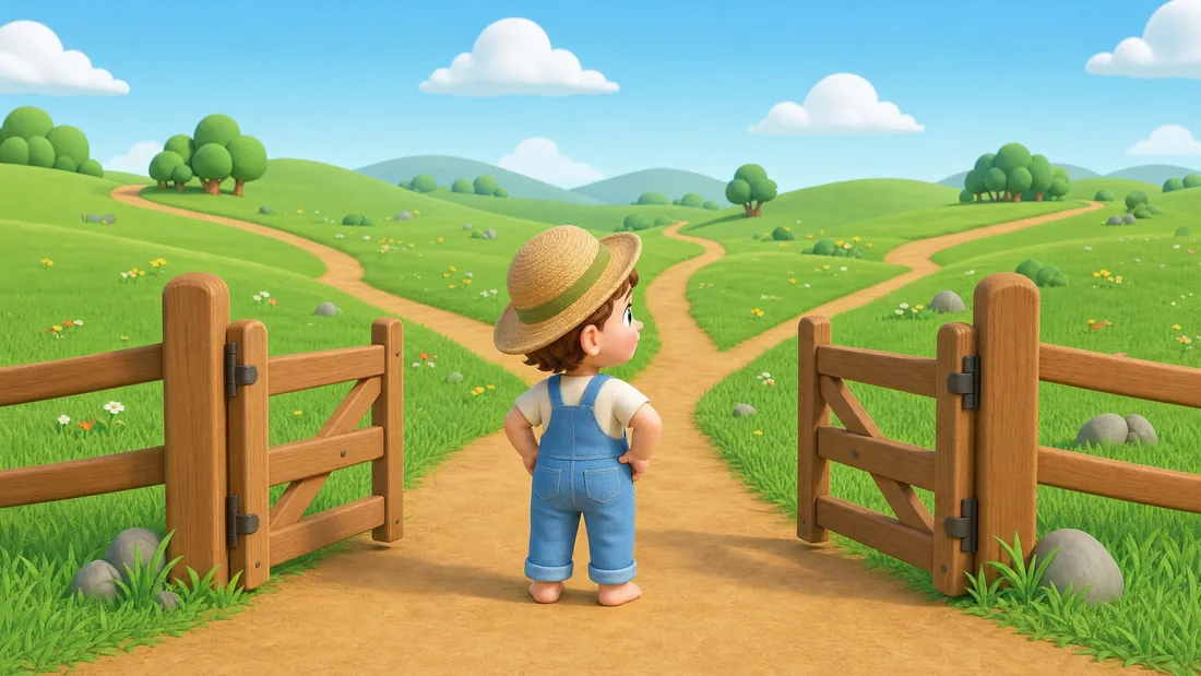 Tibino stands in an open gateway where several paths fan out across the meadow