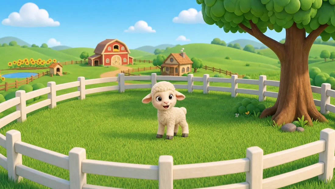 Woolly the lamb stands contentedly inside a small paddock enclosed by a low white fence