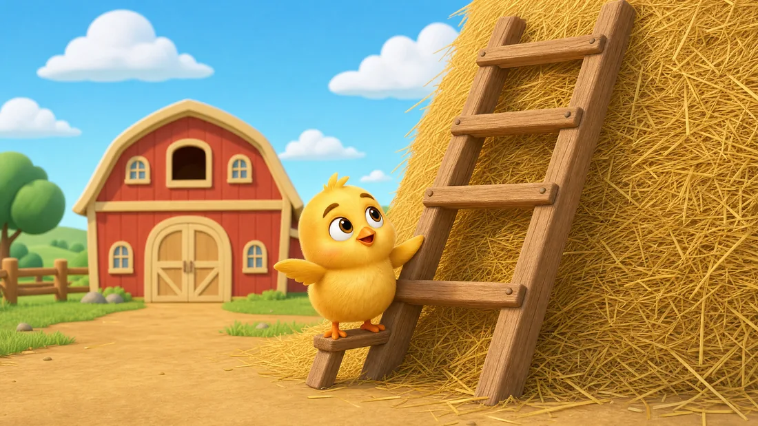 Pip has hopped onto the first rung of a ladder leaning against a haystack