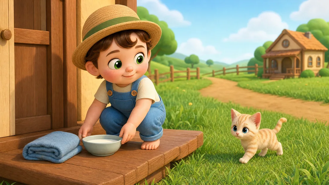 Tibino sets down a bowl of milk on the doorstep as Milo approaches across the grass