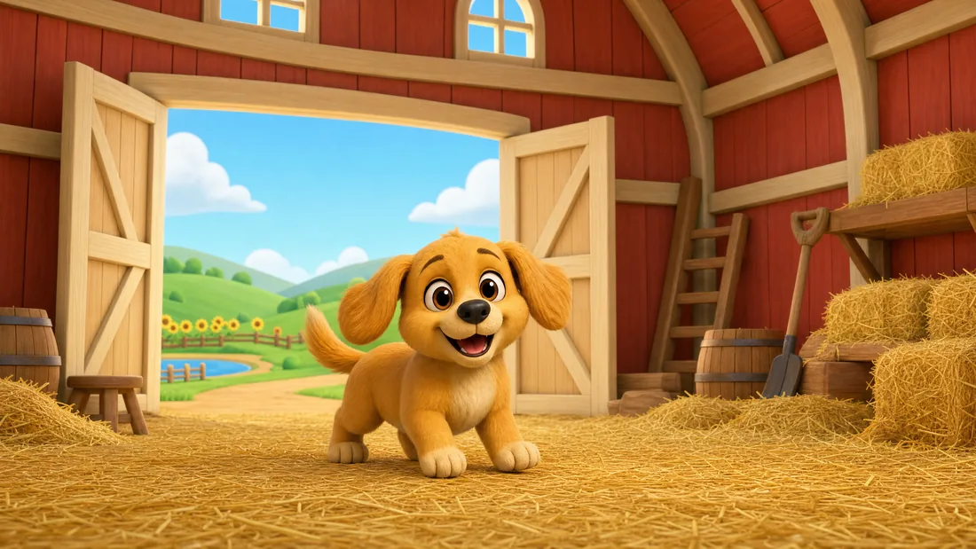 Storm stands tail-wagging in the middle of a barn flooded with even daylight