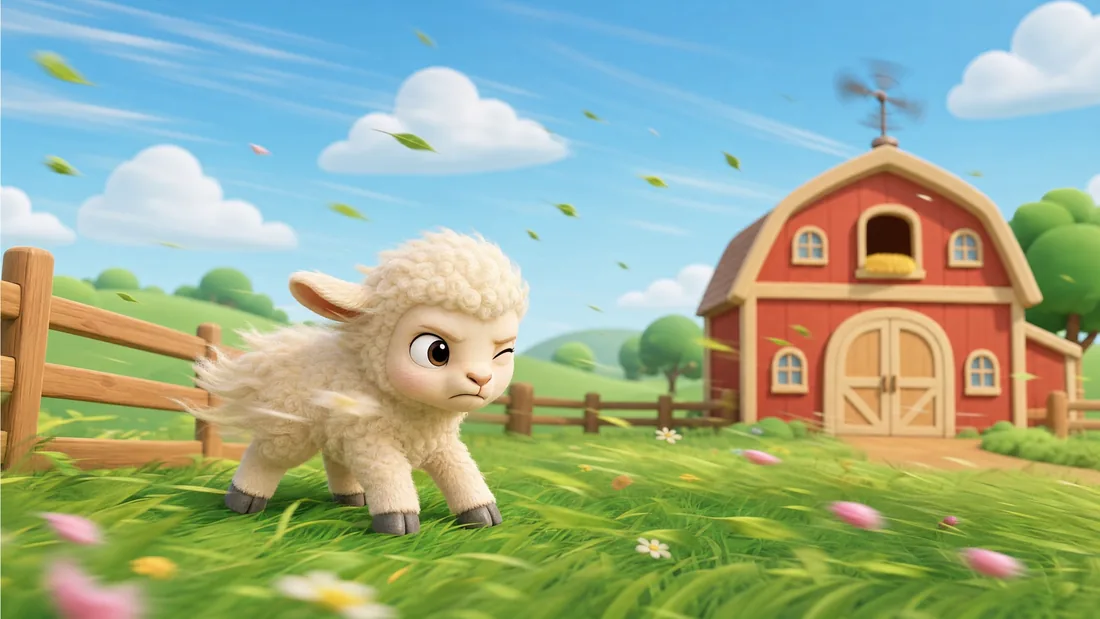 Woolly braces against a gust of wind, wool ruffled, leaves streaking past