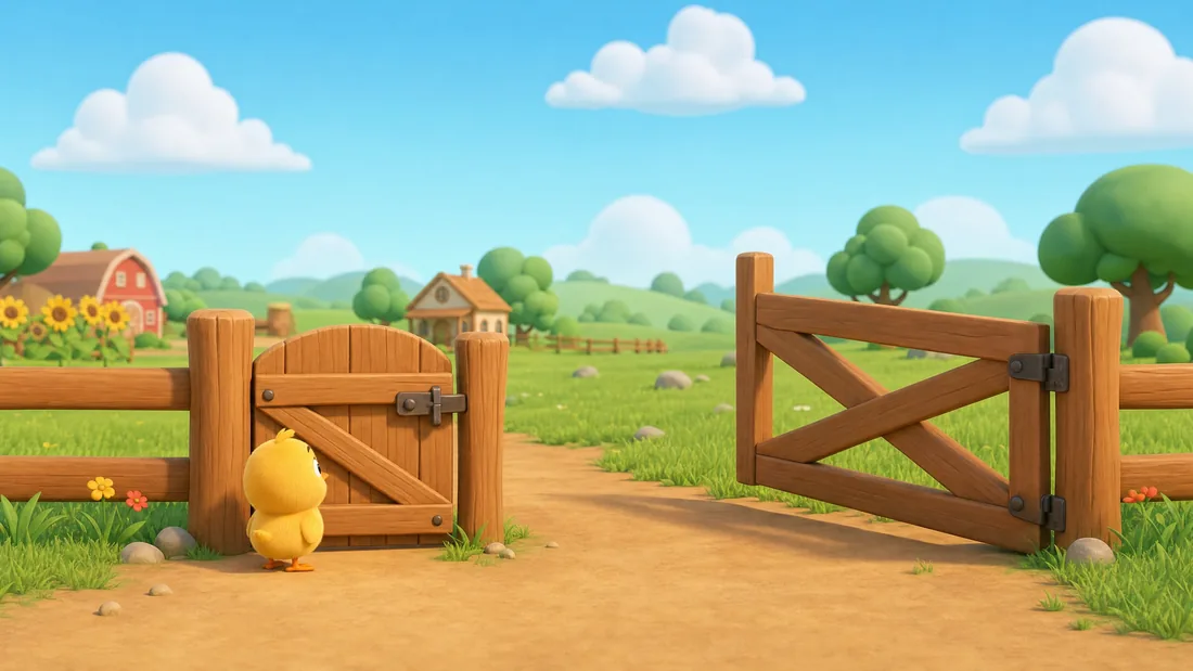 Pip stands at a small latched gate beside a much wider one standing open